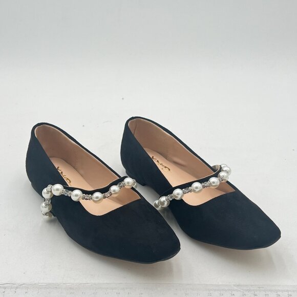 XYD Black Suede Bead Strap Ballet Flats Square Toe Mary Jane Slip On Dress Shoes - Picture 4 of 8